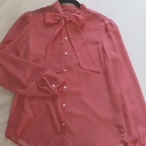 Hot Pink Mesh Button up Blouse with Tie Neck